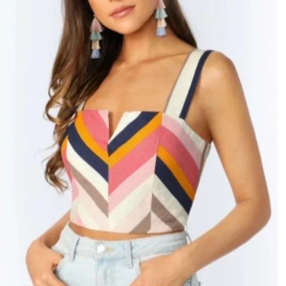 DO+BE Linen Blend Chevron Striped Crop Top w/ V Cut - Size Small - Picture 1 of 7